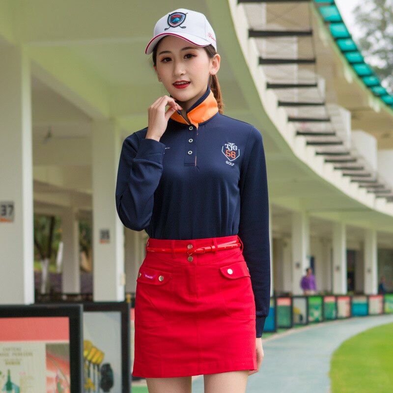 Womens Golf Shirts Long Sleeve Turn Down Collar Golf Aparrel Ladies Breathable Sport Golf Clothing 5 Colors D0701: Blue / XL