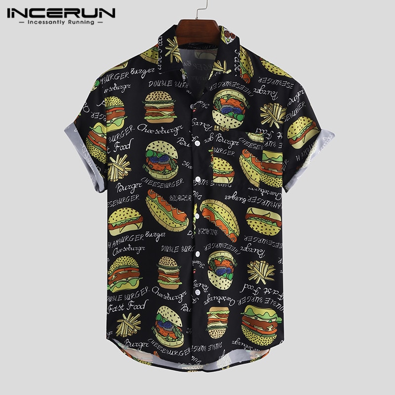 Incerun mænd skjorte print revers hals kortærmet casual camisa masculina streetwear personlighed smarte hawaiianske skjorter mænd: Sort skjorte / S