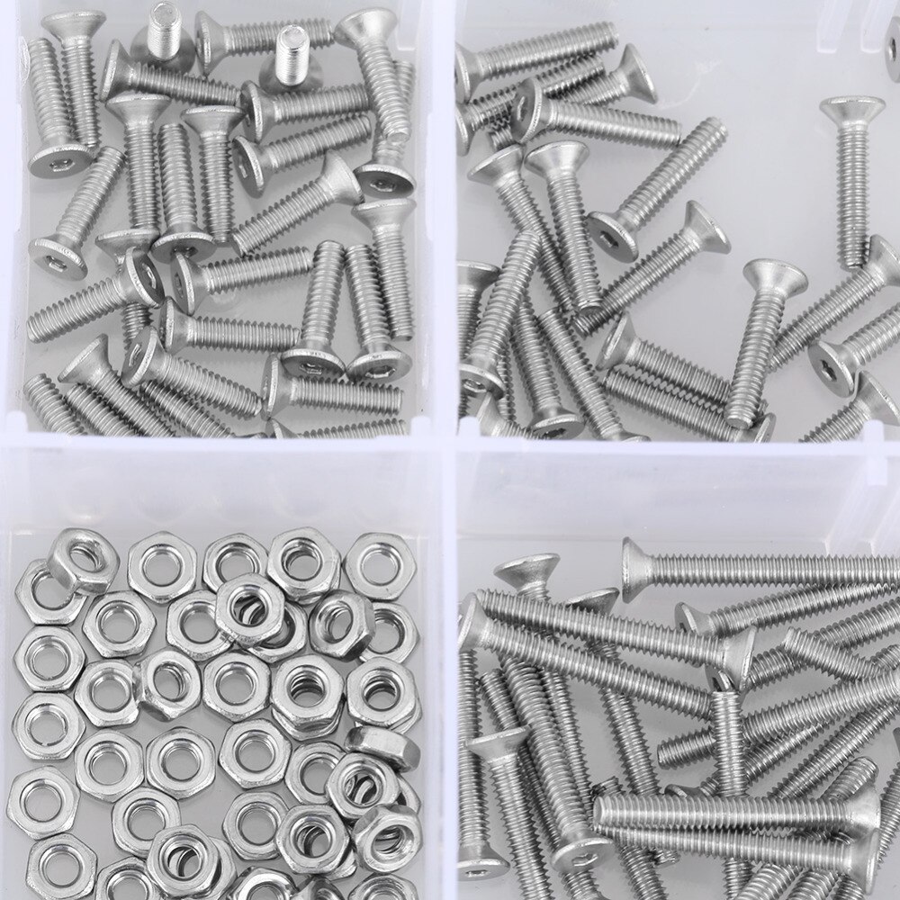 230pcs/set M2 Screws Nuts Set 304 Stainless Steel Flat Head Bolt Screws Nuts Assortment Kit Woodworking Tools Hardware