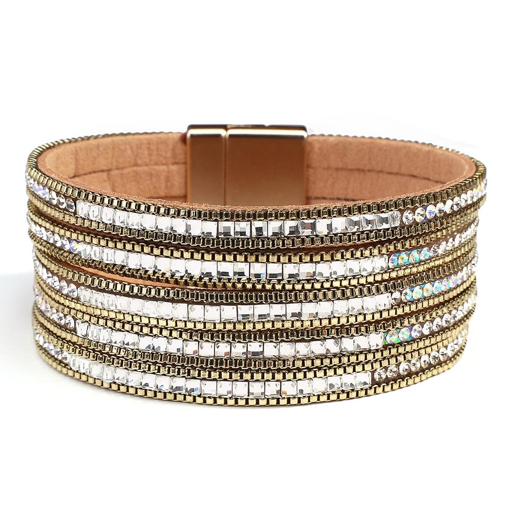 ALLYES Boho mehrschichtig Schwarz Leder Armbänder für Frauen Strass Bunte Kristall glänzend Breite wickeln Armbinde Party Verein Schmuck: Gold