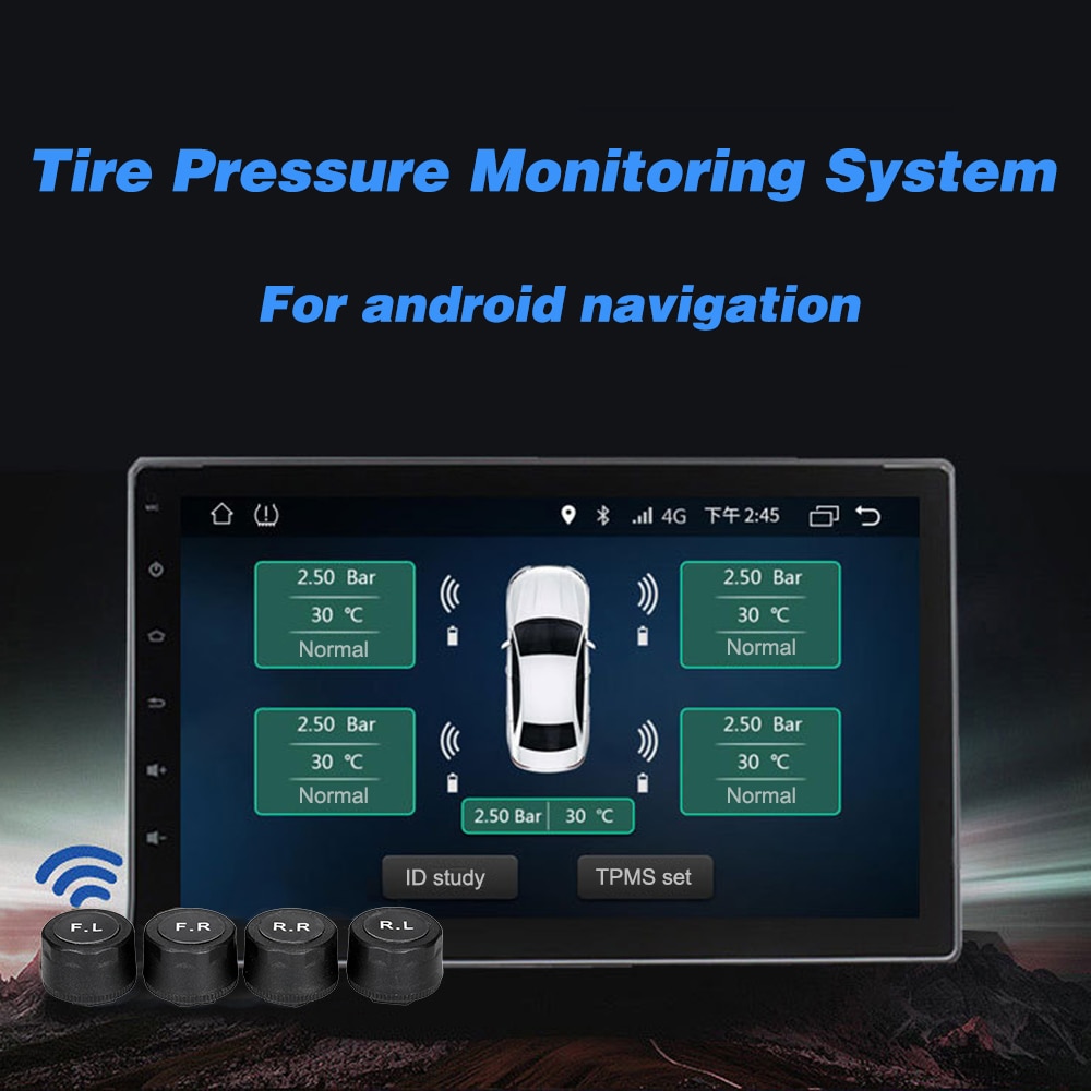 Tire Pressure Monitoring System For Android Navigation 4 Tires' Pressure & Temperaturewith 4 External Sensors Real-time Display