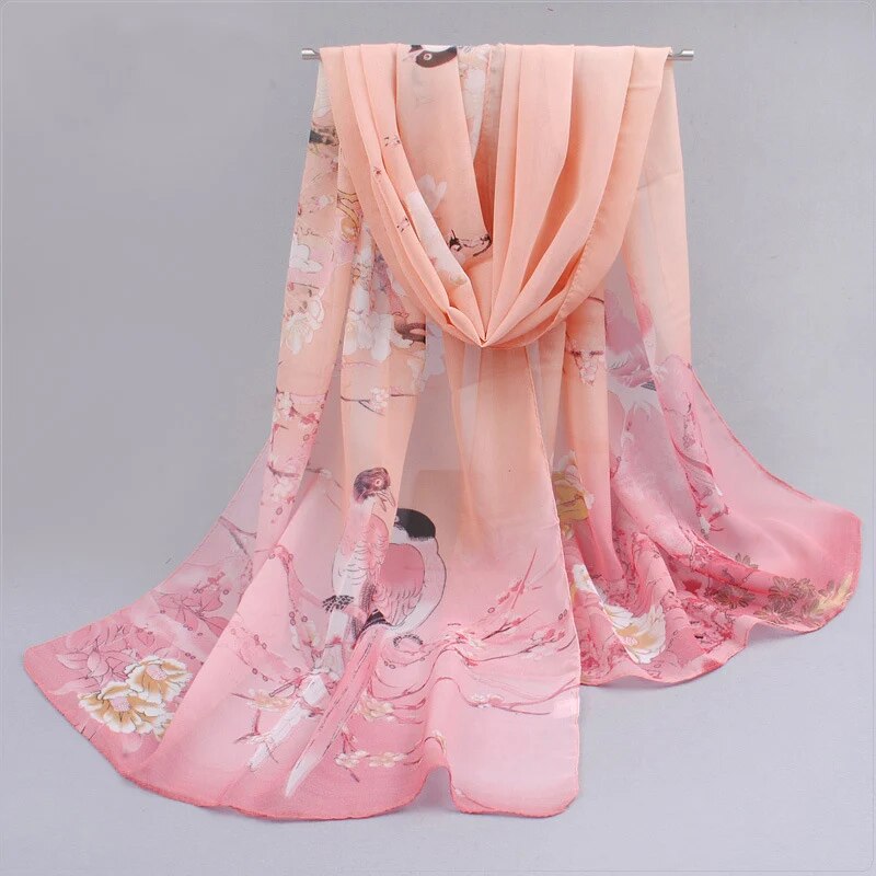 Spring Summer Printed Chiffon Silk Magpie Scarf Compact Lightweight Scarf Travel Sun Protection Scarf Shawls Wraps For Women: black