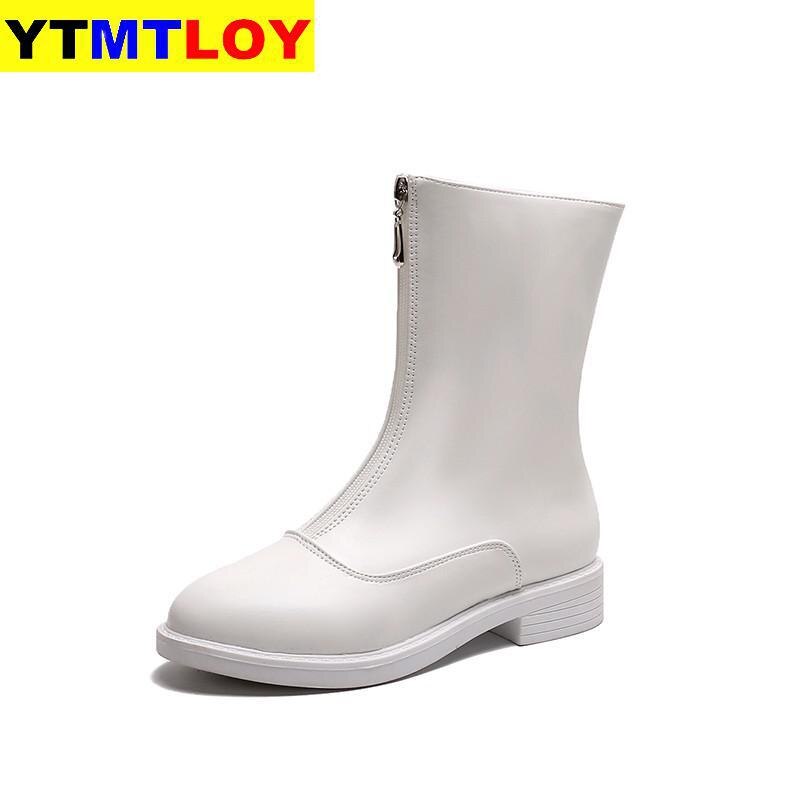 femmes bottes automne et hiver cheville nue bottes à fermeture éclair bout rond plate-forme-bas décontracté court chaussons blanc plate-forme bottes: White / 37