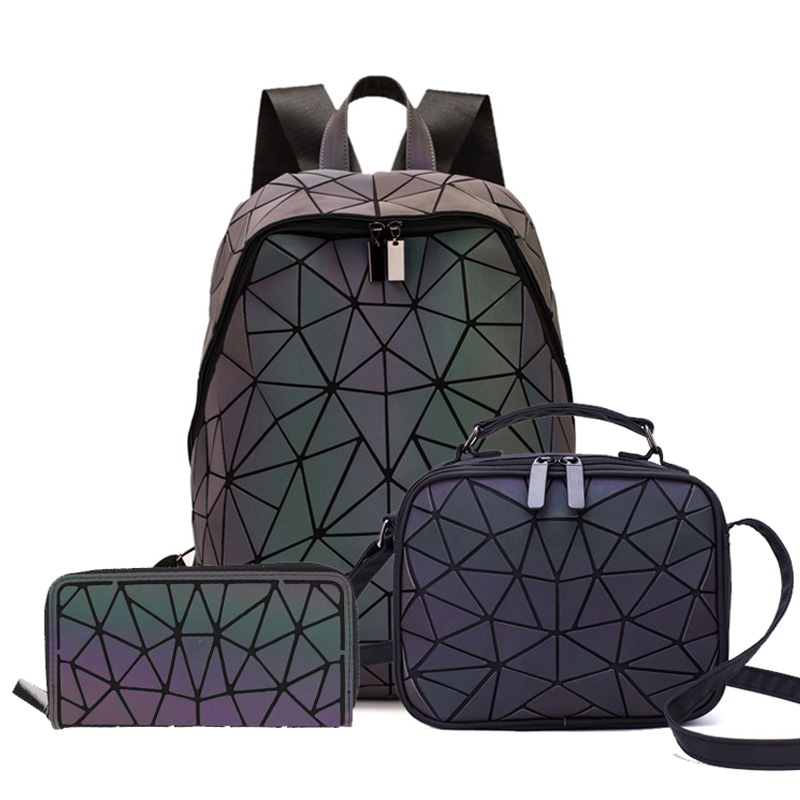 Kvinder rygsæk skole foldbar crossbody taske til damer clutch og pung geometrisk lysende laptop taske holografisk 3 stk sæt: Rygsæk 3 stk