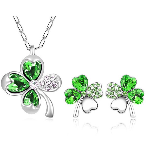 Schmuck sets liebe für immer 4 leaf clover wasser tear frauen party weiß gold farbe anhänger halskette ohrringe 9551: darkgreen