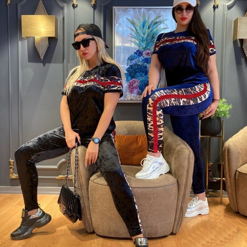 Dashiki African Spring Summer Velvet Two Piece Sets Women Tops And Pants Matching Set Leopard Print Tracksuit Women Sets