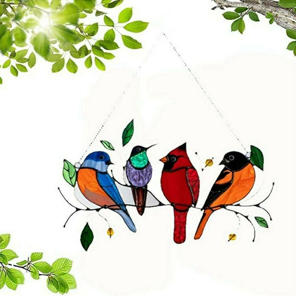 Panneau de fenêtre en vitrail, oiseau sur fil, attrape-vitre suspendu, accessoires de décoration pour la maison, décoration de salle