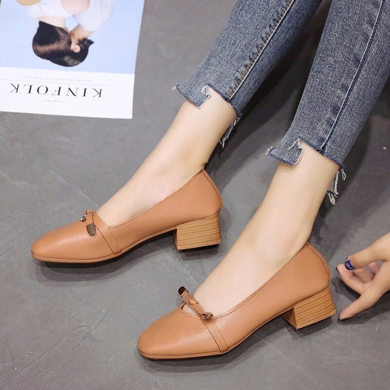 Vår höst fritidsskor rosett knut fyrkantig mellanklack kvinnor skor kvinna slip on rund tå dam skor plus size