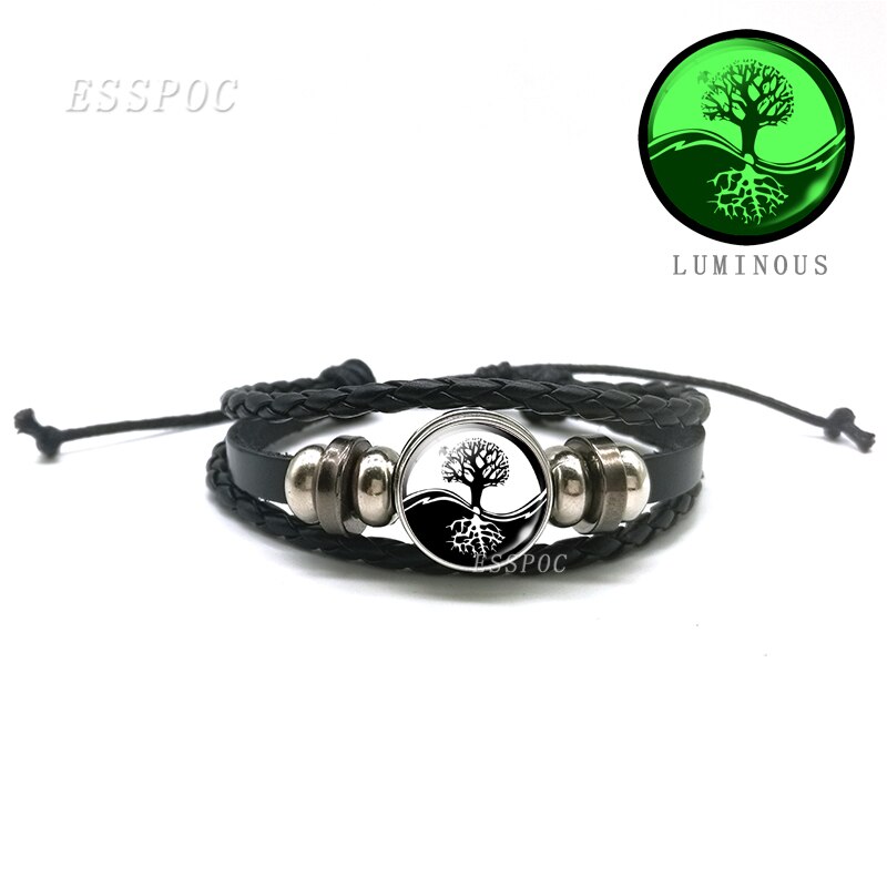 Mode Mannen Yin Yang Kat Lichtgevende Glazen Cabochon Drukknoop Armband Glow in Dark Yin Yang Zwart Lederen Armband