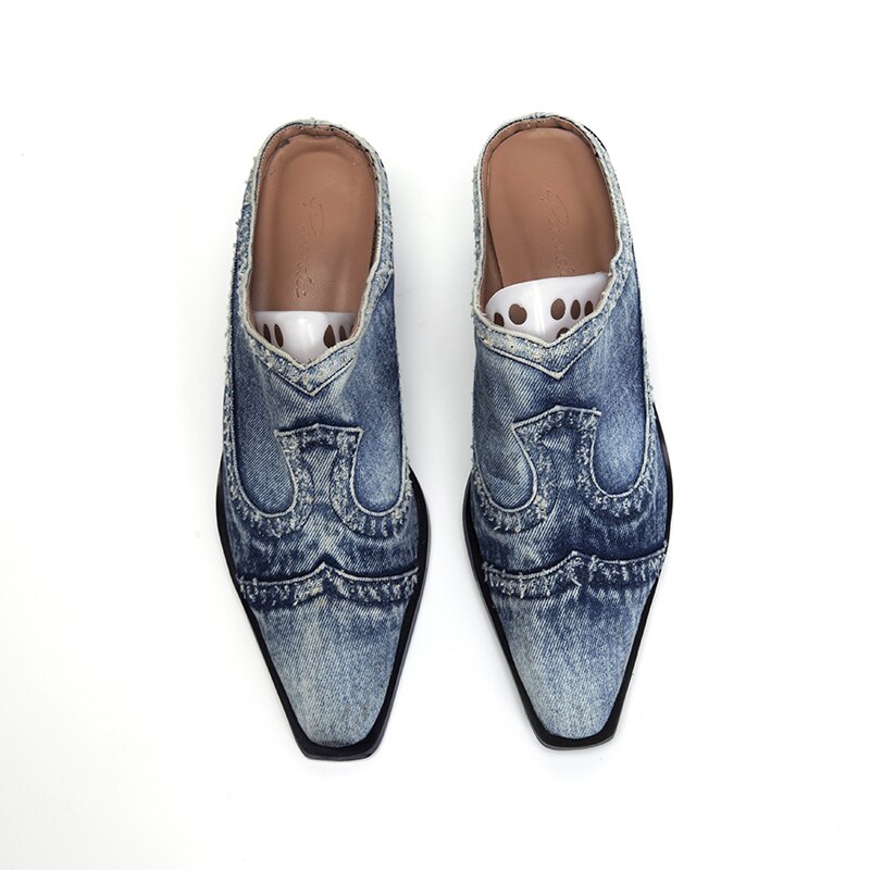 LazySeal-Zapatillas de tela vaquera con tacón cuadrado para mujer, zapatos informales, puntiagudas, sin cordones, para otoño
