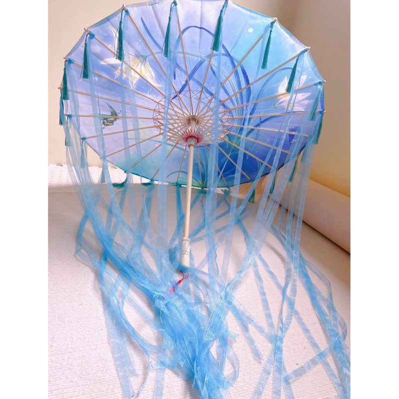 82cm hanfu cospaly blau geöltes Papier Regenschirm Frauen Fotografie Requisit Band antike Quasten Regenschirm Fan Paraguas Sonnenschirm