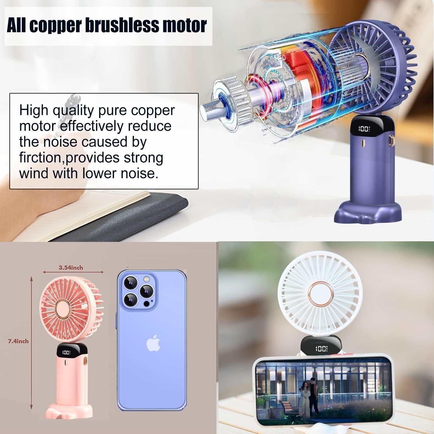 Mini ventilador portátil dobrável, 3000mah, mesa externa, pendurado no pescoço, 5 velocidades, usb, recarregável, suporte para telefone, tela de exibição