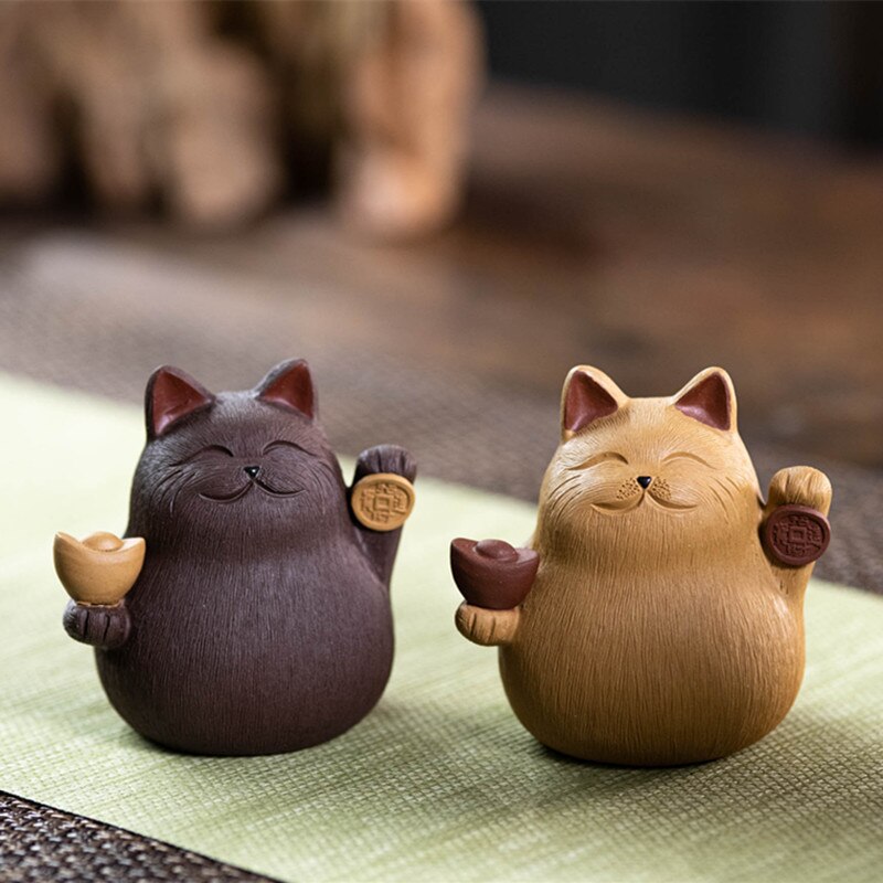 Yixing – décoration de thé Zi Sha en forme de chat, Sculpture créative faite à la main, lingot de chat chanceux peut soulever le plateau à thé, accessoires de décoration