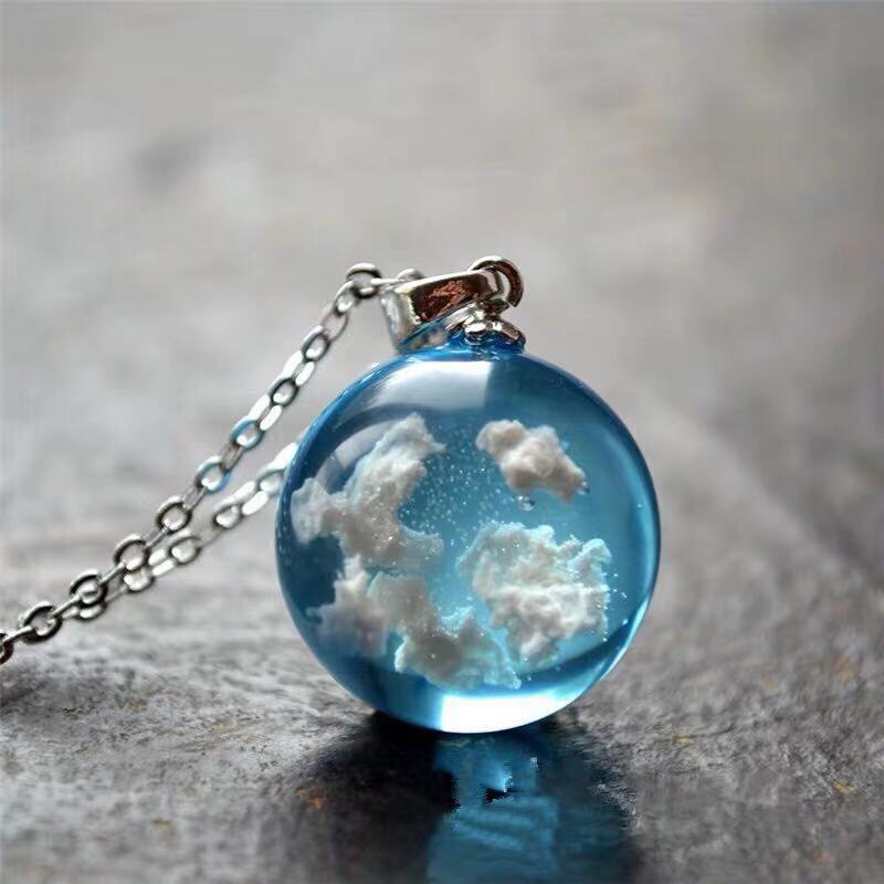 Transparent Resin Rould Ball Moon Pendant Necklace Women Blue Sky White Cloud Chain Necklace Jewelry