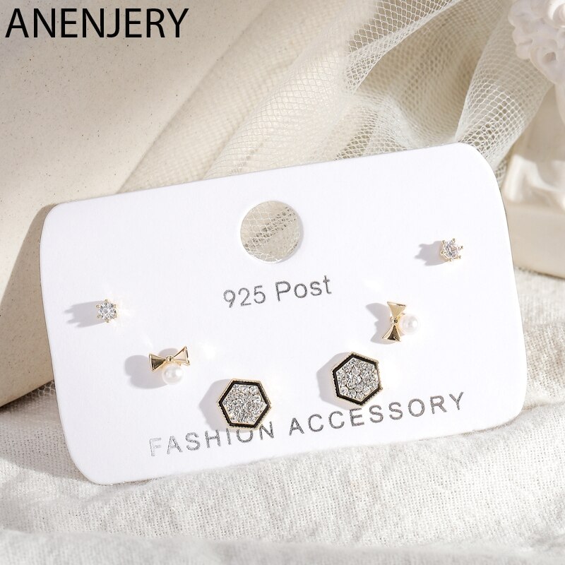 ANENJERY zierlich kubisch Zirkon Geometrische Hexagon Bowknot Zucht Ohrringe Für Frauen 6-Stück Ohrringe einstellen Geburtstag S-E1237