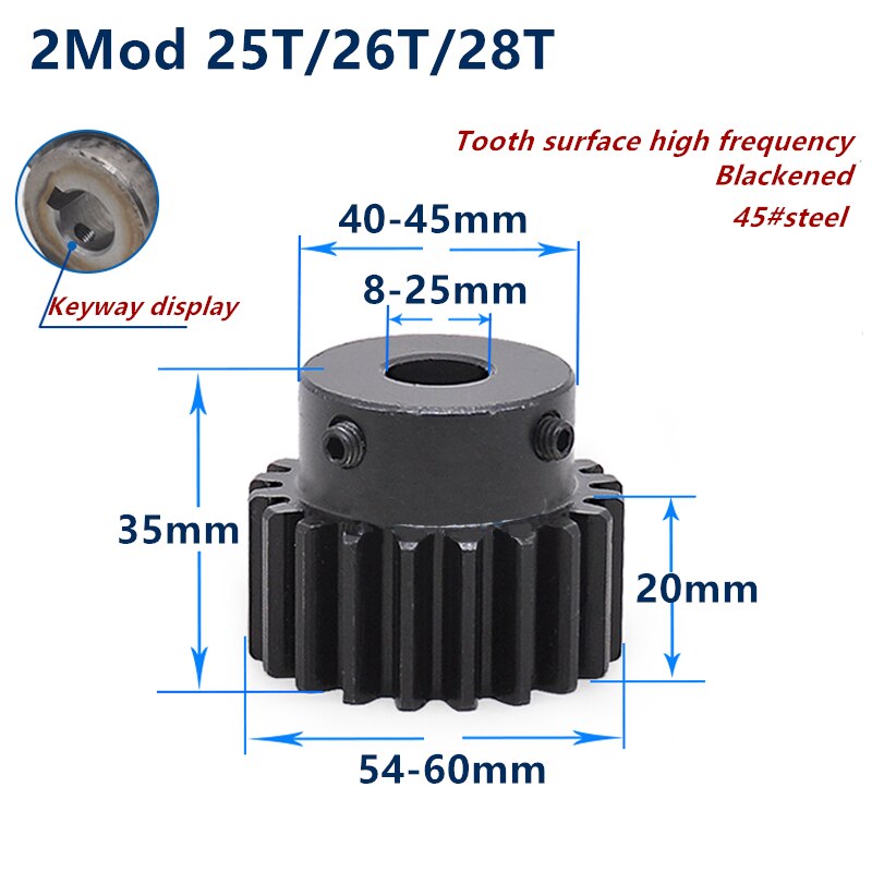 1pc Spur Gear pinion Mod 2 M=2 25T 26T 28T R Teeth... – Grandado