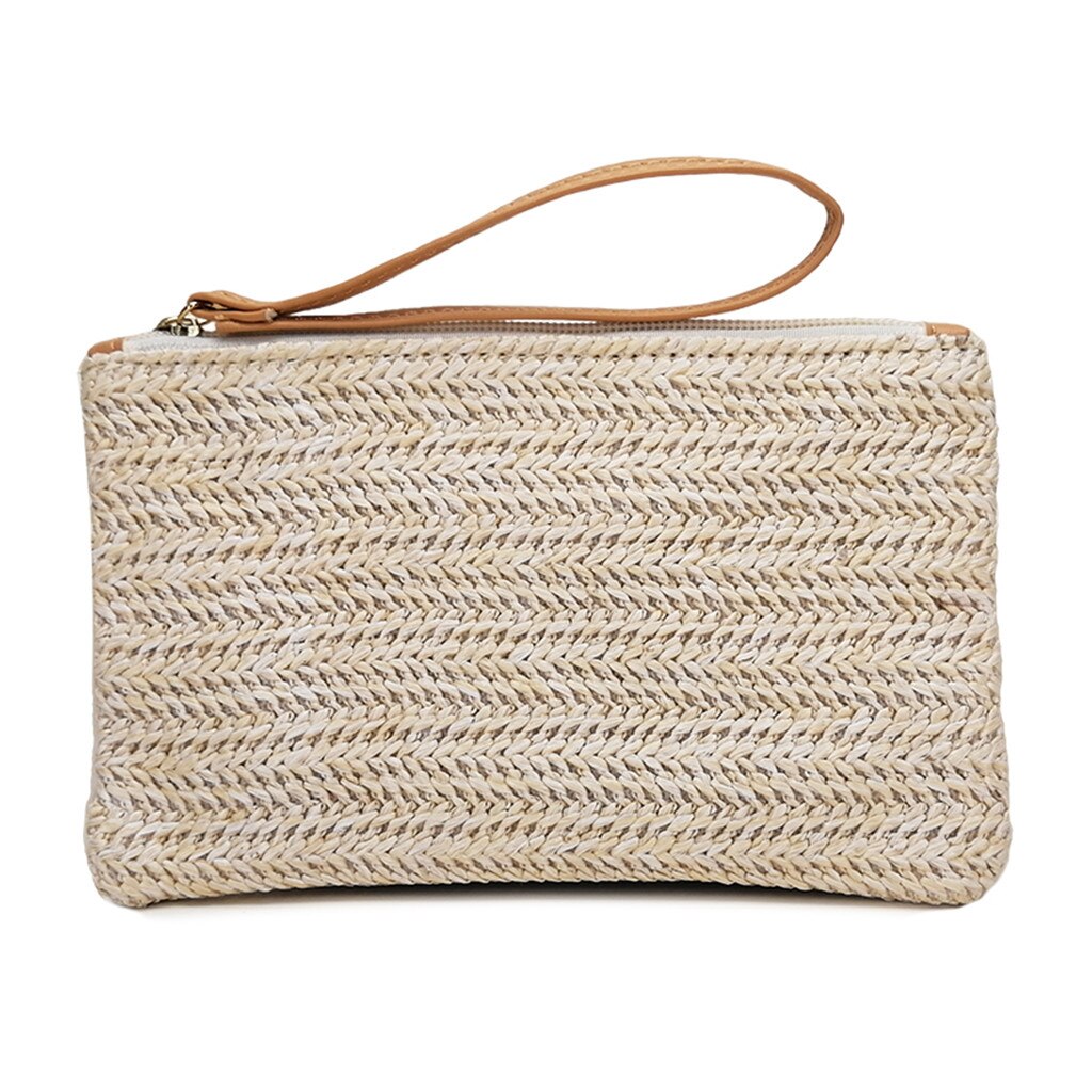 Straw Weave Day Cluthes Women Bohemia Beach Hand Bags Lady Summer Style Portable Weaving Handbag Zip Mini Clutch Pouch: Beige