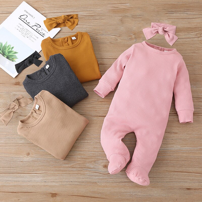 Macacão infantil de algodão, macacão de algodão da moda para bebês recém-nascidos de manga longa, com lenço e roupas infantis para primavera e outono, 0-9 meses