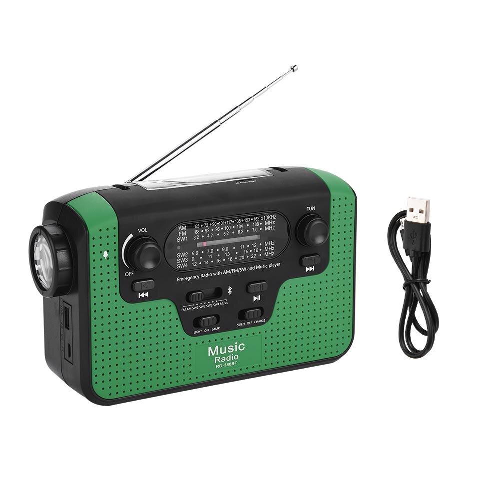 Radio solaire FM/AM/SW à manivelle, musique TF, Bluetooth, compatible avec les appels mains libres, vert