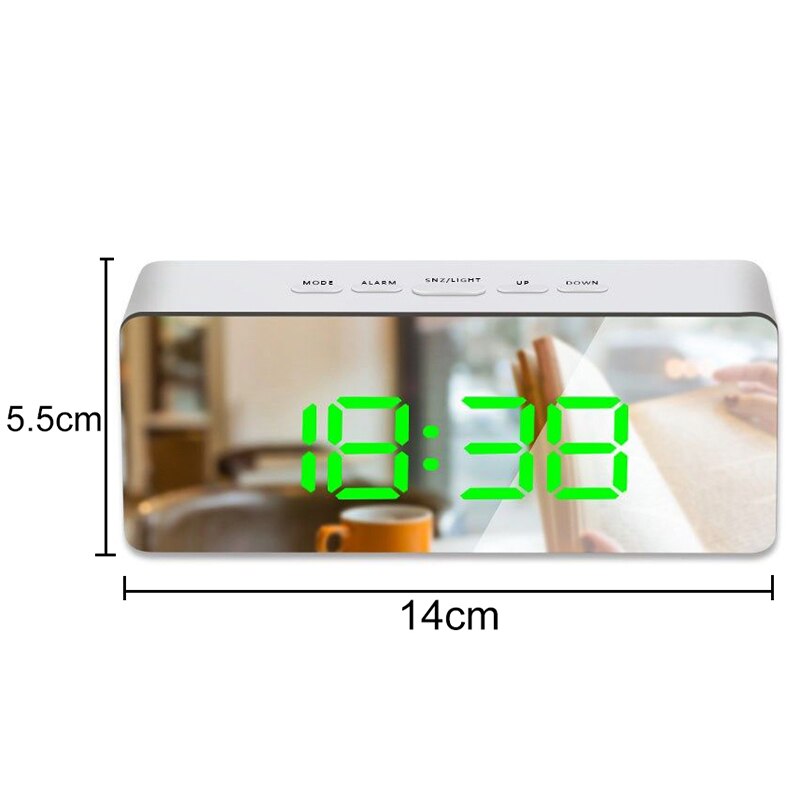 Digital Mirror Alarm Clock LED Display 5Fuctions Button Desk Clock Temperature Calendar Snooze Thermometer with USB 14x50x3.4cm