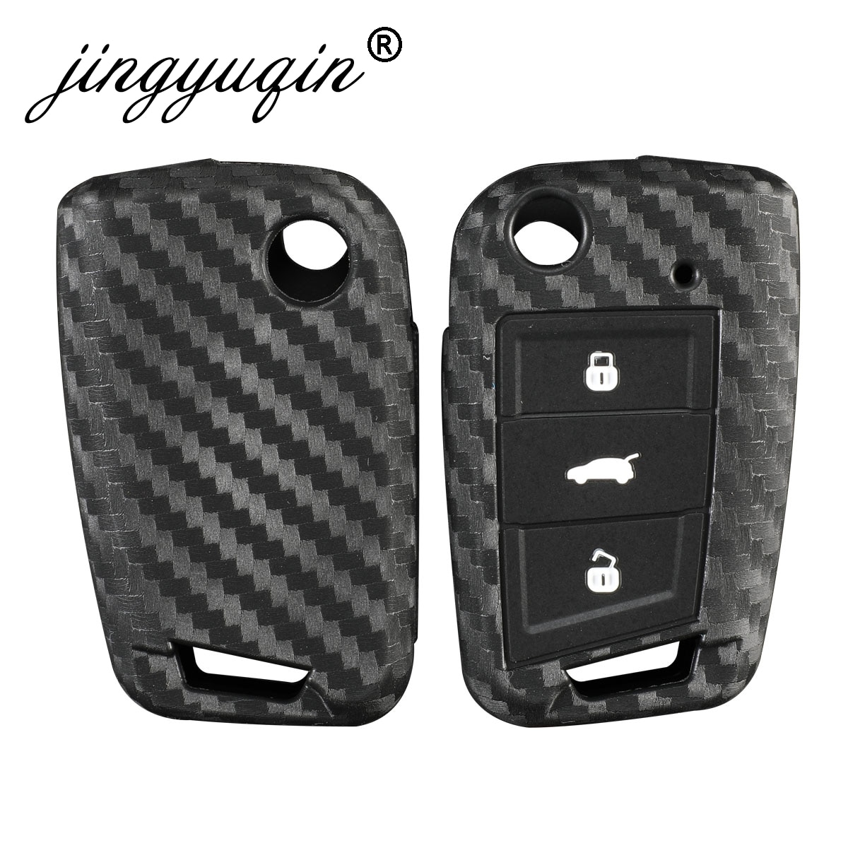 Carbon Silicone Key Case Cover For VW Polo Golf 7 Tiguan Skoda Octavia Karoq SEAT Ateca Leon Ibiza KeyChain Key Ring