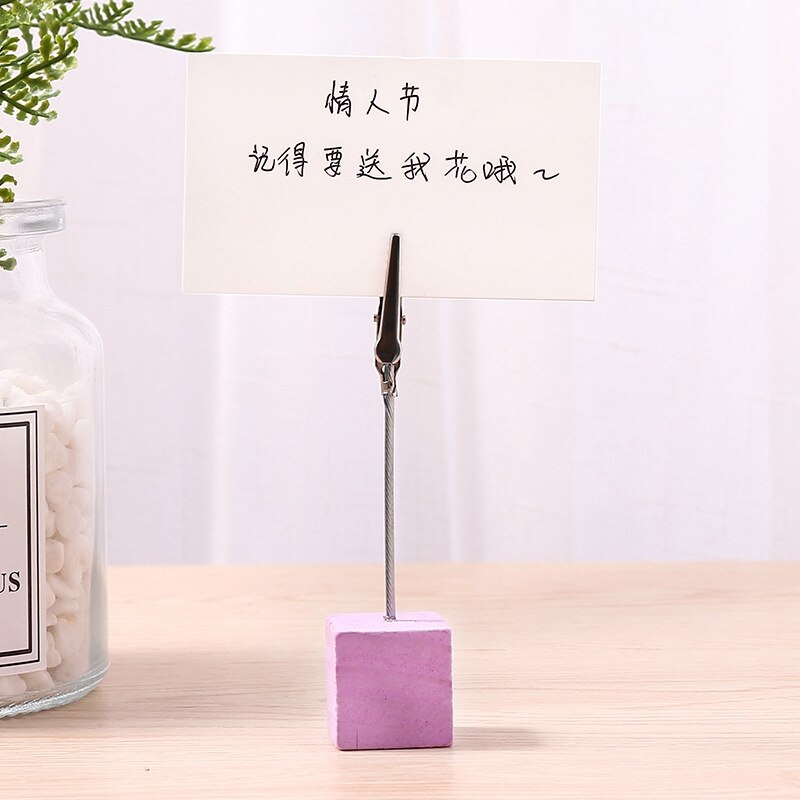 1pc coloré en bois Cube mémo pince métal Photo porte-carte bureau Photo pinces support Message porte-carte bureau décor organisateur: Purple