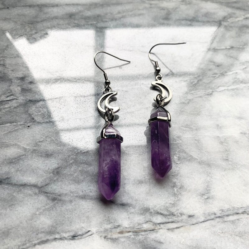 Purple Stone Moon Earrings Goth Witch Jewelry Women Delicate And Beautiful Crescent Statement