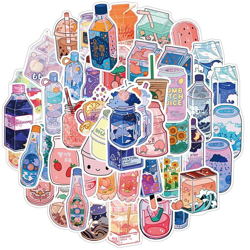 .50PCS Summer Cute Flavored Drink Stickers PVC Kawaii Cartoon Beverage Decal sticker For Girl DIY Laptop Stationery Water Bottle