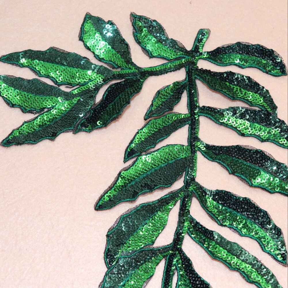 Patchs de feuilles vertes perlées à paillettes, 1 pièce, application en fer sur vêtements