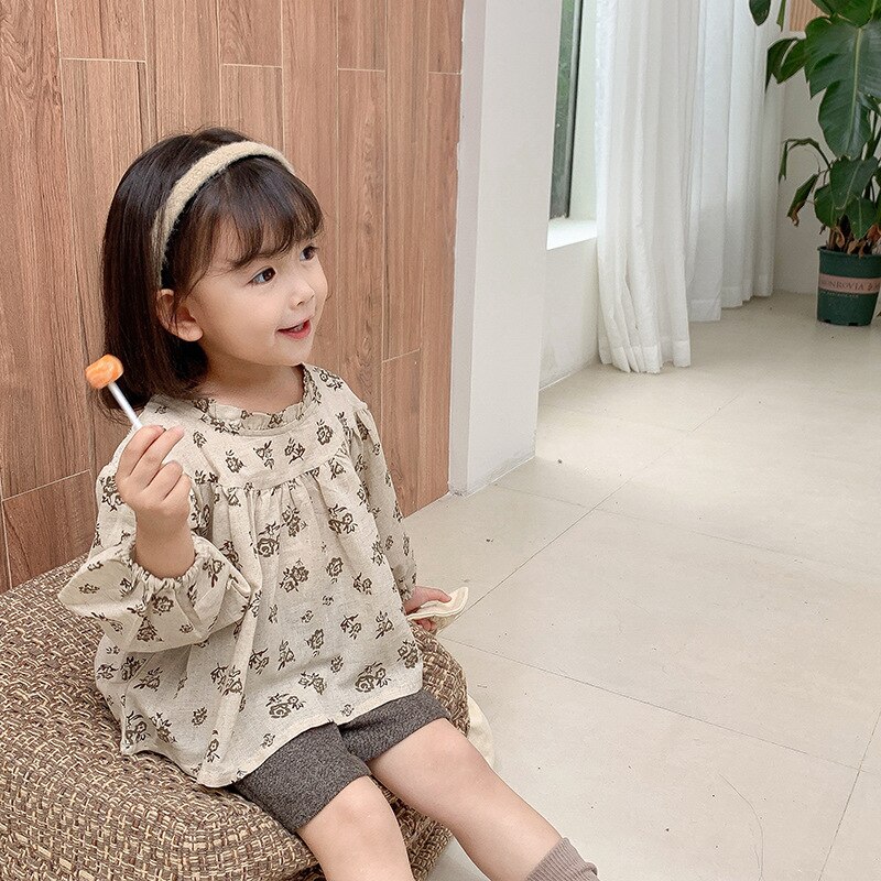 Blusa de lino y algodón con estampado floral para niña, blusa holgada de manga larga para otoño,