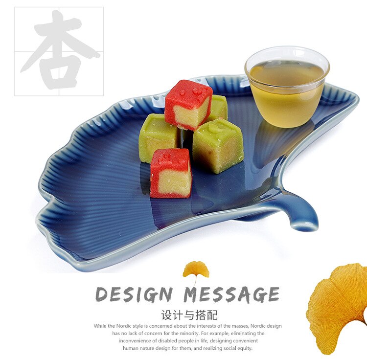 Chinese Eenvoudige Keramische Ginkgo Blad Reliëf Fruitschaal Gedroogd Fruit Dessert Pot Dienblad Thee Dienblad Restaurant Club Thee Cake Tray