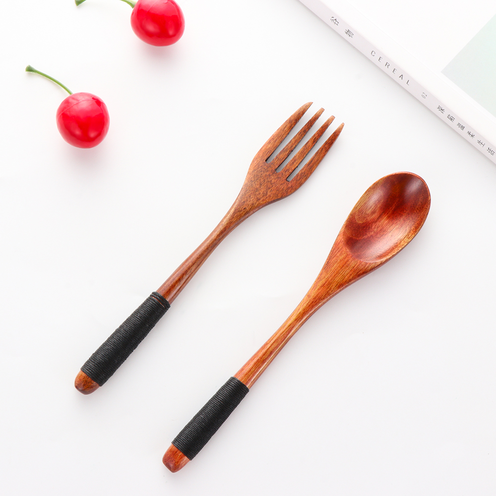 1 SET Pack Tea Scoops Desserts Fruits Serving Travel Dinnerware Suit Spoon Fork Portable Tableware Wooden Cutlery Sets Cloth Bag
