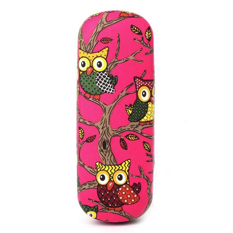 Draagbare brillendoos voor dames, cartoon uil, dier, schattige zonnebril, opberghoes, beschermhoes, 1 x brillendoosjes en tassen: Rozenrood