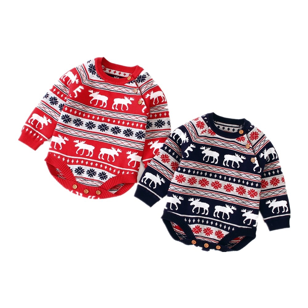 Jul baby dreng pige strikkede trøjer elg langærmet romper jumpsuit frakke tøj varm tøj 0-18m