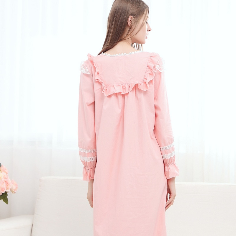 Dames roze vintage nachthemd met lange mouwen, nachtkleding voor dames, prinsessenhuis, katoenen nachthemden voor dames, lounge