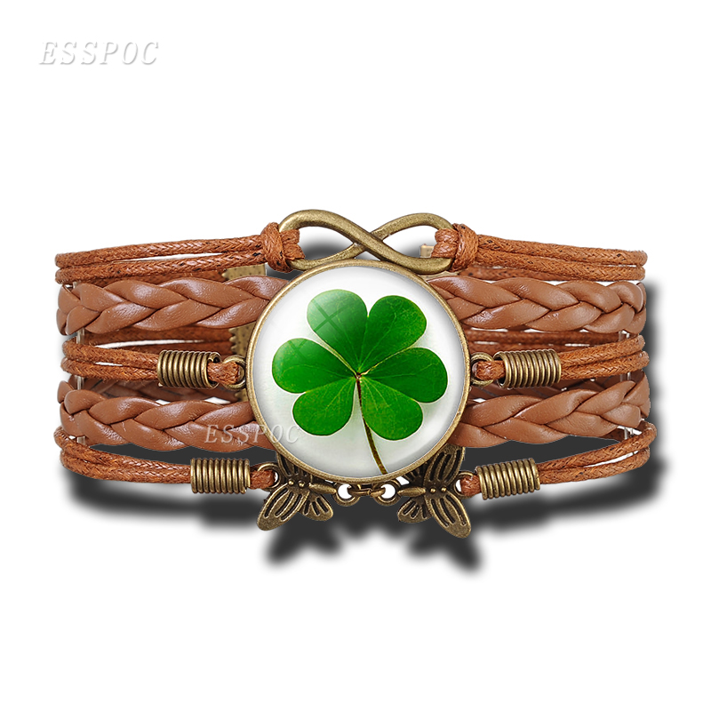 Lucky klavertje Vier Retro Handgemaakte Brons Bruin Armband Punk Glas Cabochon Sieraden Shamrock Houder Bangle Vrouwen: SIZE1