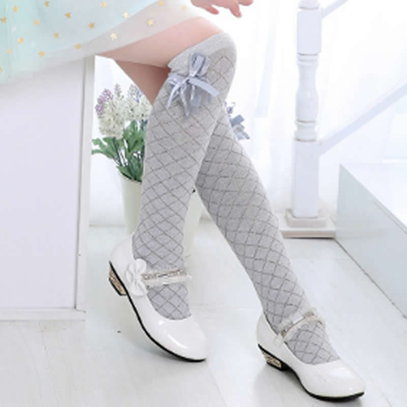 4 Colors Tights School High Knee Gridding Bow Stockings Girl Classic Cotton Stockings teen pantyhose girls tights for kids: Gray Socks