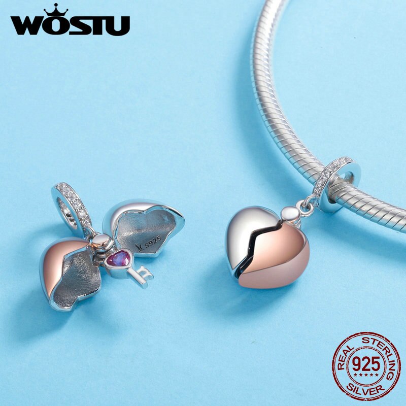 WOSTU Pure 925 Sterling Zilveren Open Hart Rose Gold Key Bedels Kralen Fit Armband Ketting DIY Sieraden Mode CQC844