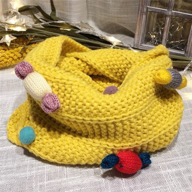 Höst vinter pojkar tjejer halsduk baby barn halskrage färgglad pompom godis halsduk varm tjock stickad ull barn o ring halsdukar: Gul