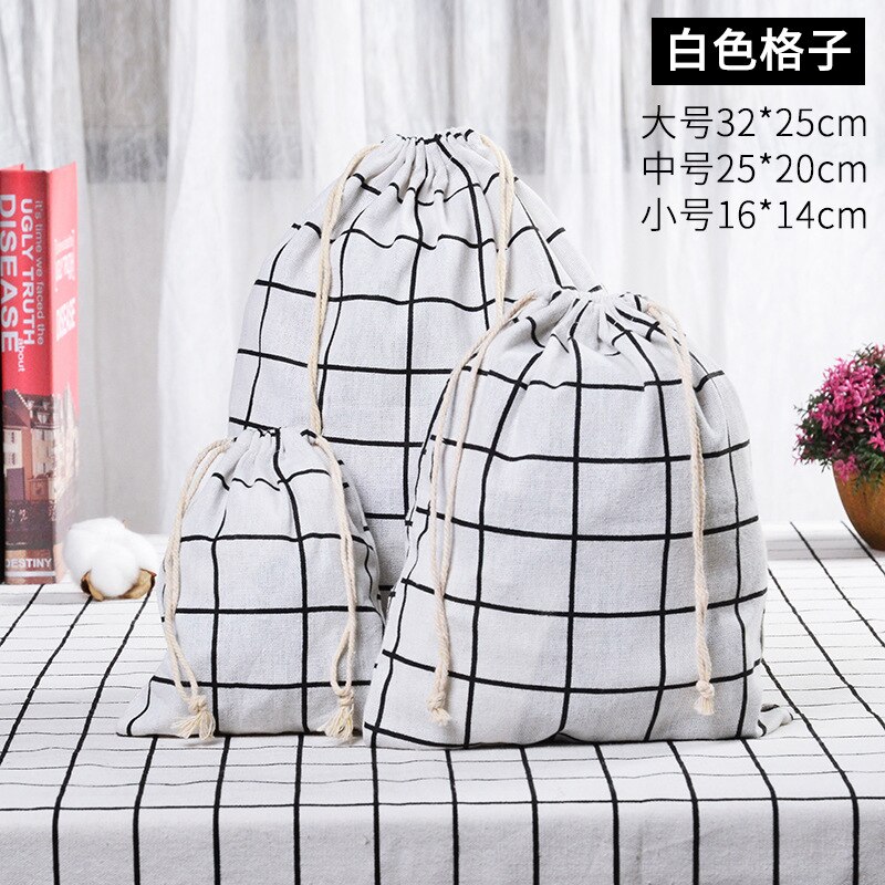 Petit coton frais et lin cordon faisceau poche étudiant tissu sac dortoir débris sac de rangement sous-vêtements sac de rangement: White lattice / M