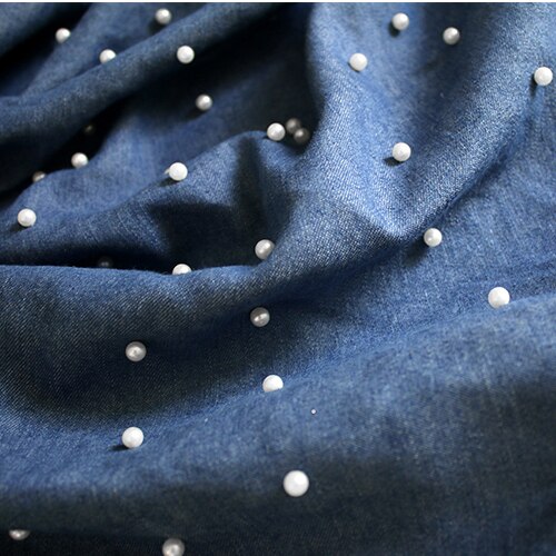 Pearl denim 150cm bredde håndlavet beaded denim blå klud gør-det-selv 3d stereo stof  cg086