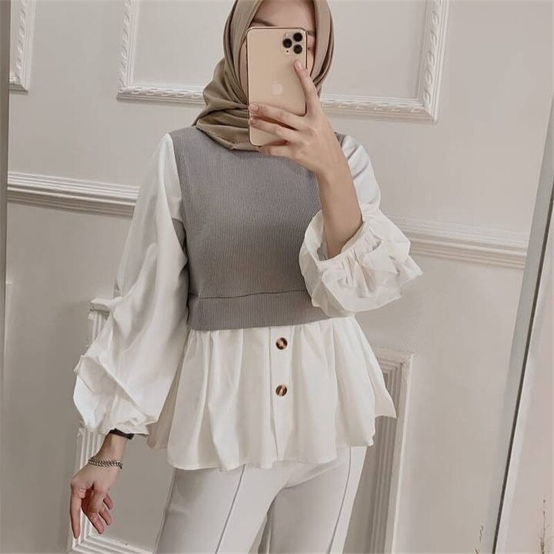 Abayas – tunique chaude pour femmes, vêtements musulmans, hauts tricotés, manches bouffantes, style islamique turc, arabe moyen-orient: 02 Gray