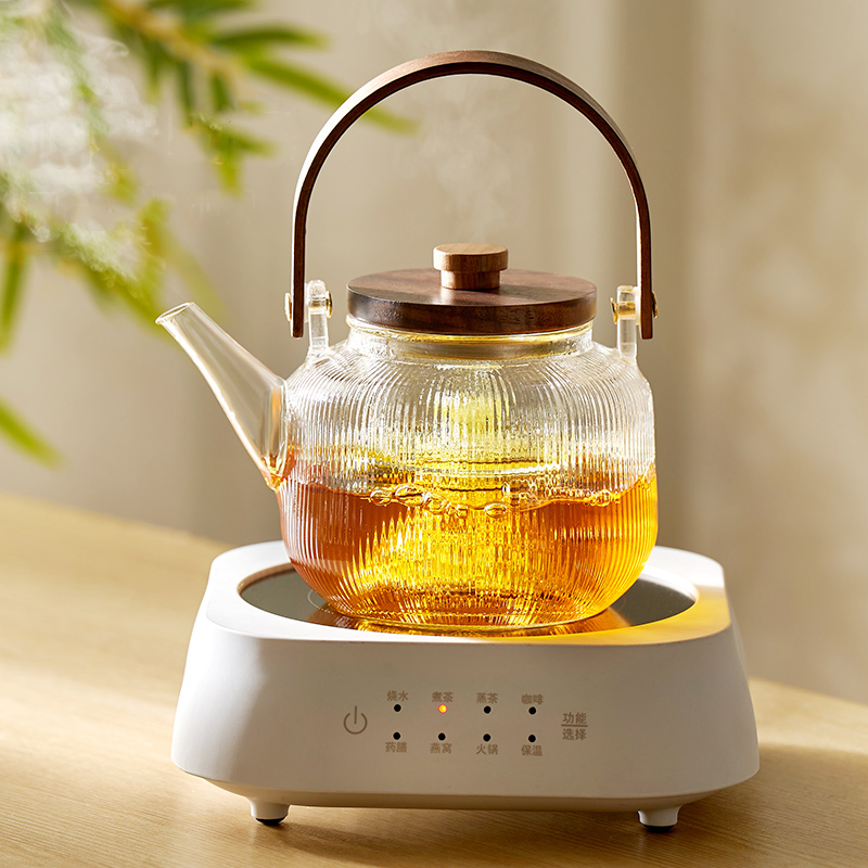 GIANXI Chinese Tea Set Wooden Handle Wooden Cover Glass Teapot Stainless Steel Filter Steaming Tea Set Transparent Teapot Tray
