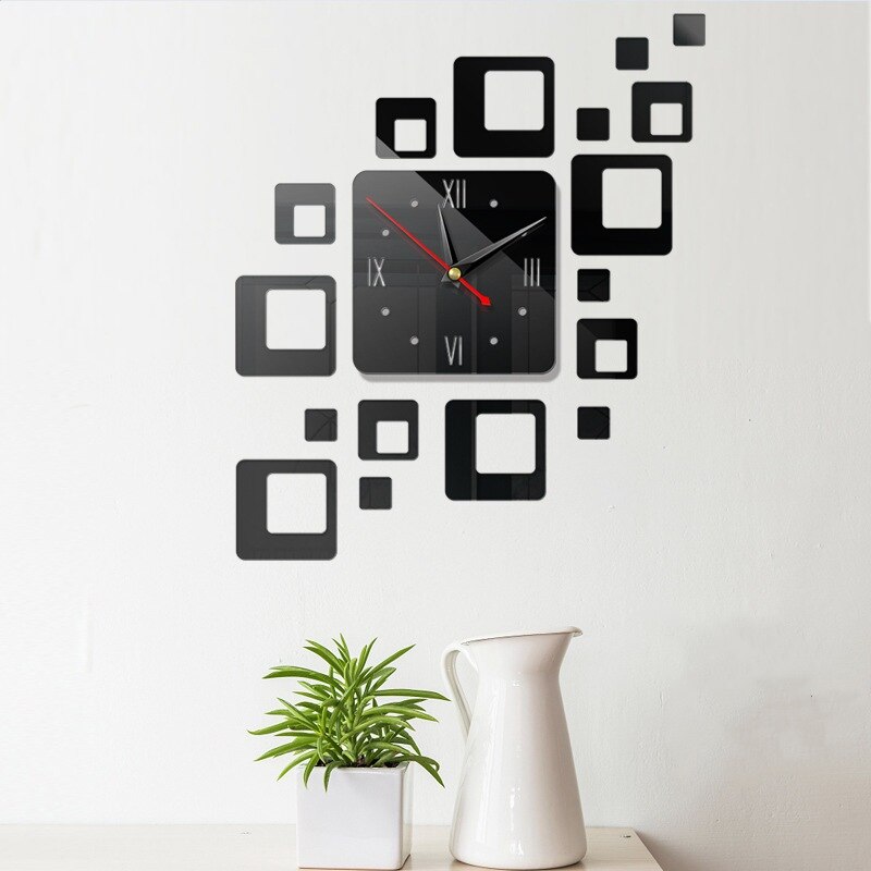 1pcs DIY Modern Mirror Surface Large 3D Wall Clock Home Office Wall Stickers Living Room Decoration: Black