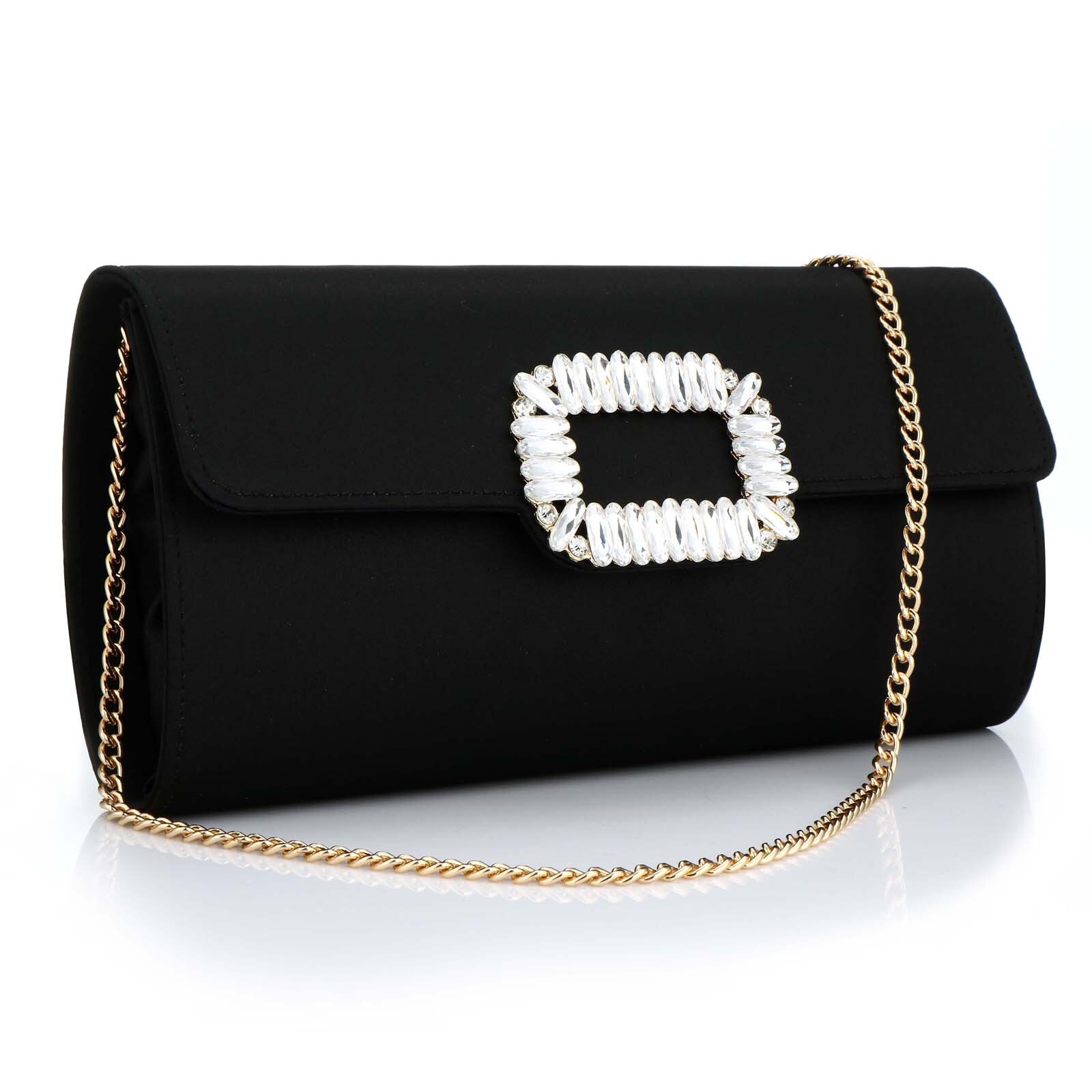 Pochettes de soirée en Polyester satiné pour femmes, sac à main Vintage avec strass de bonne , pochette avec chaîne, sacs à bandoulière pour fête: black