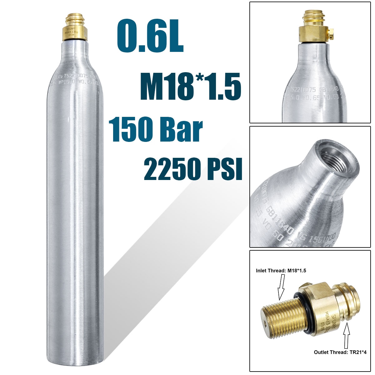 0.6L Soda Water Cylinder 150BAR/2250PSI High Pressure Aluminum Bottle Rcycled Gas Cylinder Tank with Refill Soda Adapter Valve