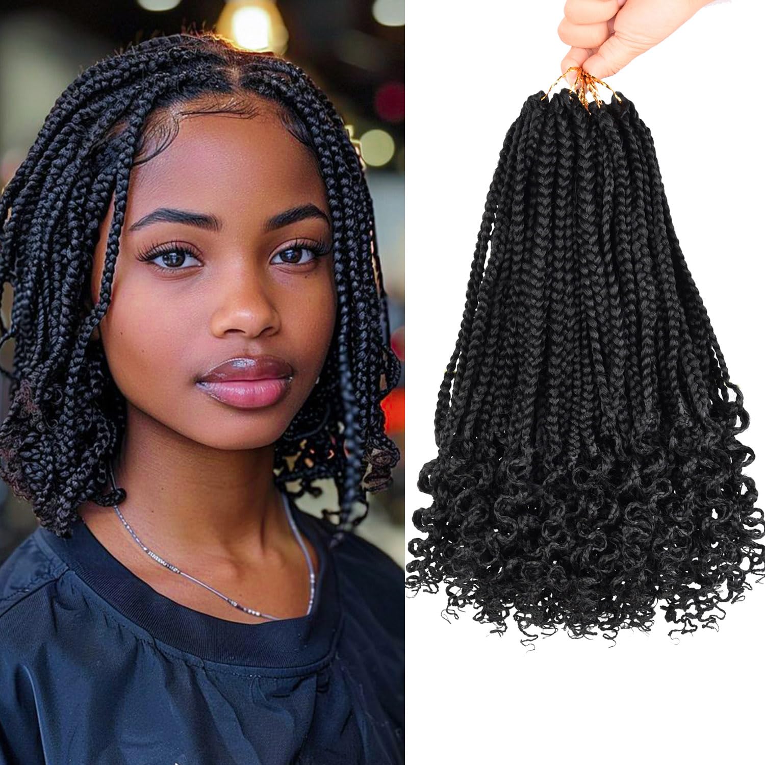 Trenzas de caja sintéticas, pelo de ganchillo para mujeres negras con extremos rizados, extensiones de cabello con trenzas de ganchillo suaves preenrolladas 3X: #1B / 8 pulgadas / 6 unids/lote