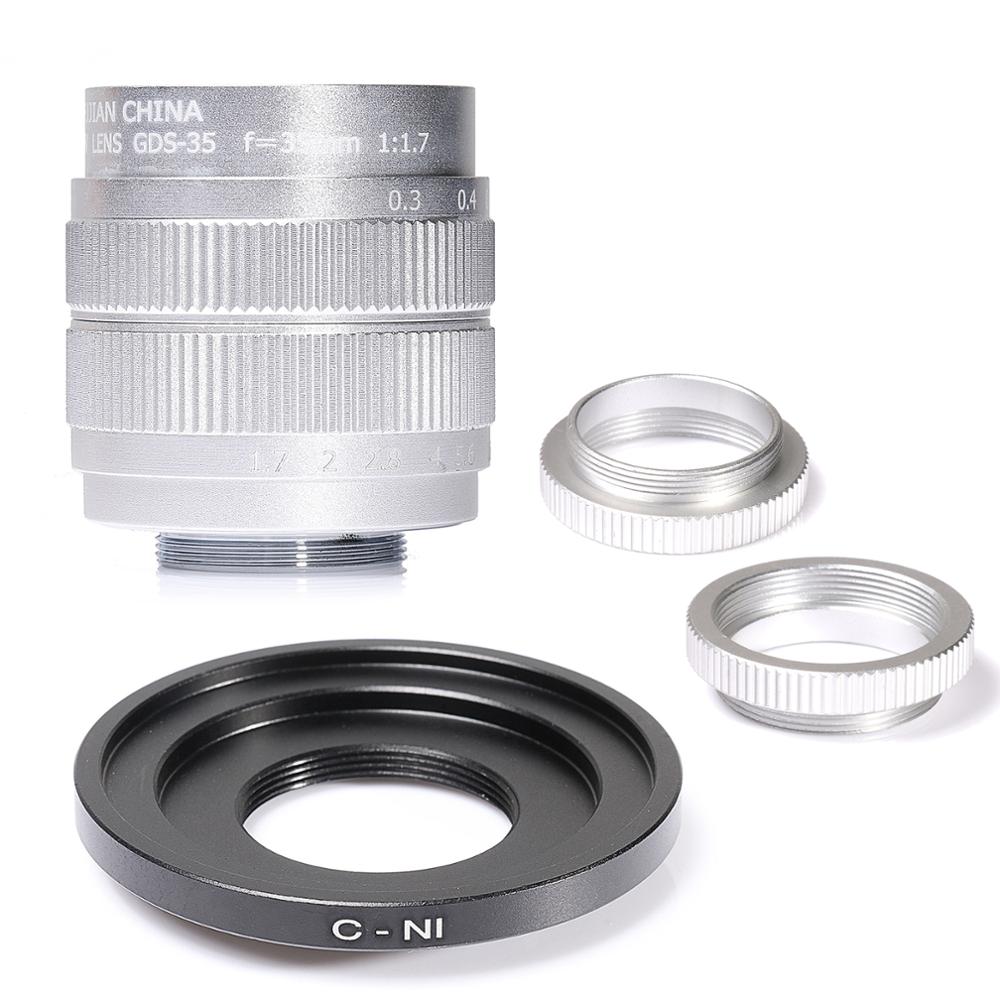 Objectif de vidéosurveillance en argent Fujian 35mm f/1.7 APS-C + bague d&#39;adaptation + 2 anneaux Macro pour caméra sans miroir NIKON1 J1/J2/J3/J4/J5