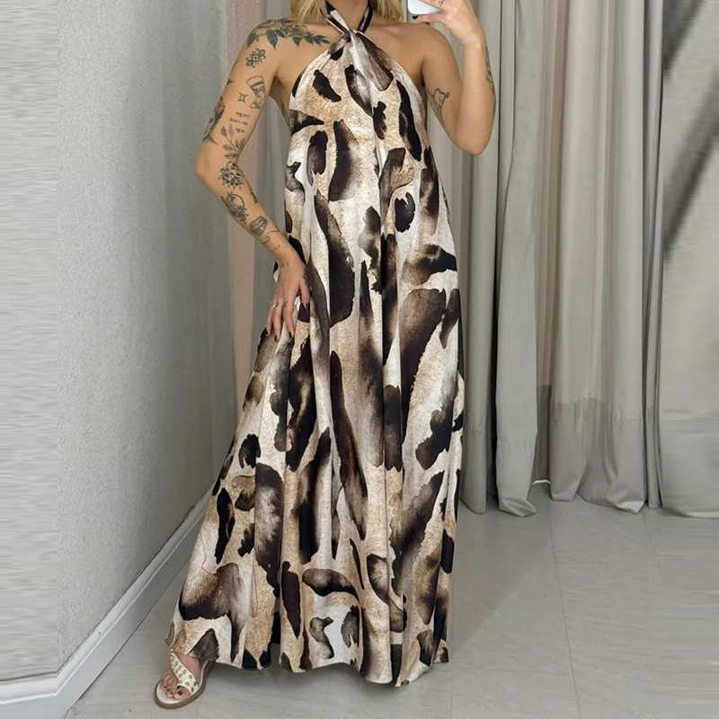 Leopardprint rygløs lang kjole sexet hængende hals ærmeløs løs festkjole kvinder plisseret strandkjole: Xl / Beige