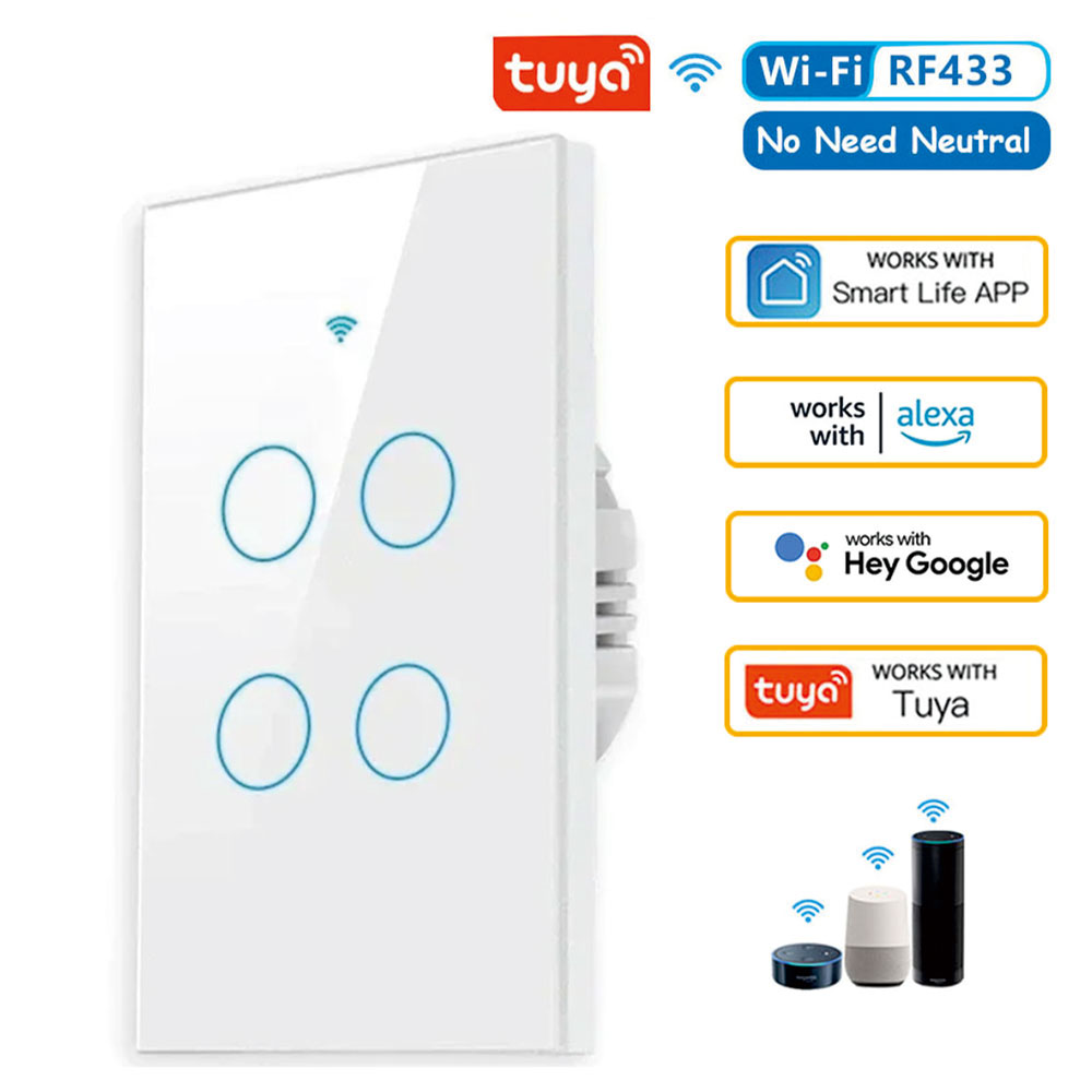 Tuya US WiFi Smart Wall Switch RF433 1/2/3/4 Gang No Neutral Wire Touch Sensor LED Light Switches Smart Home Alexa Google Home: Bundle4